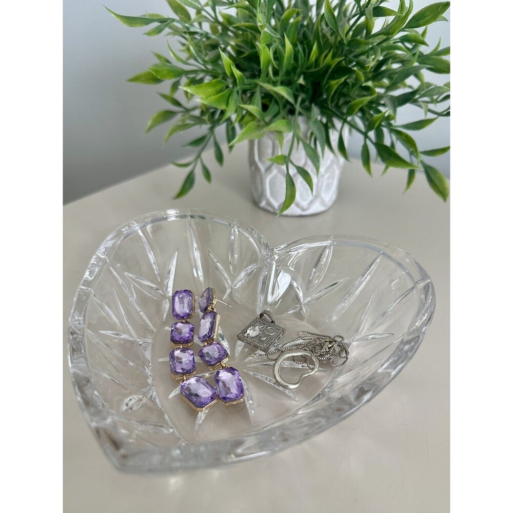 Crystal Etched 6”  Heart Trinket Dish Bohemian Style Vintage Glass Candy Dish